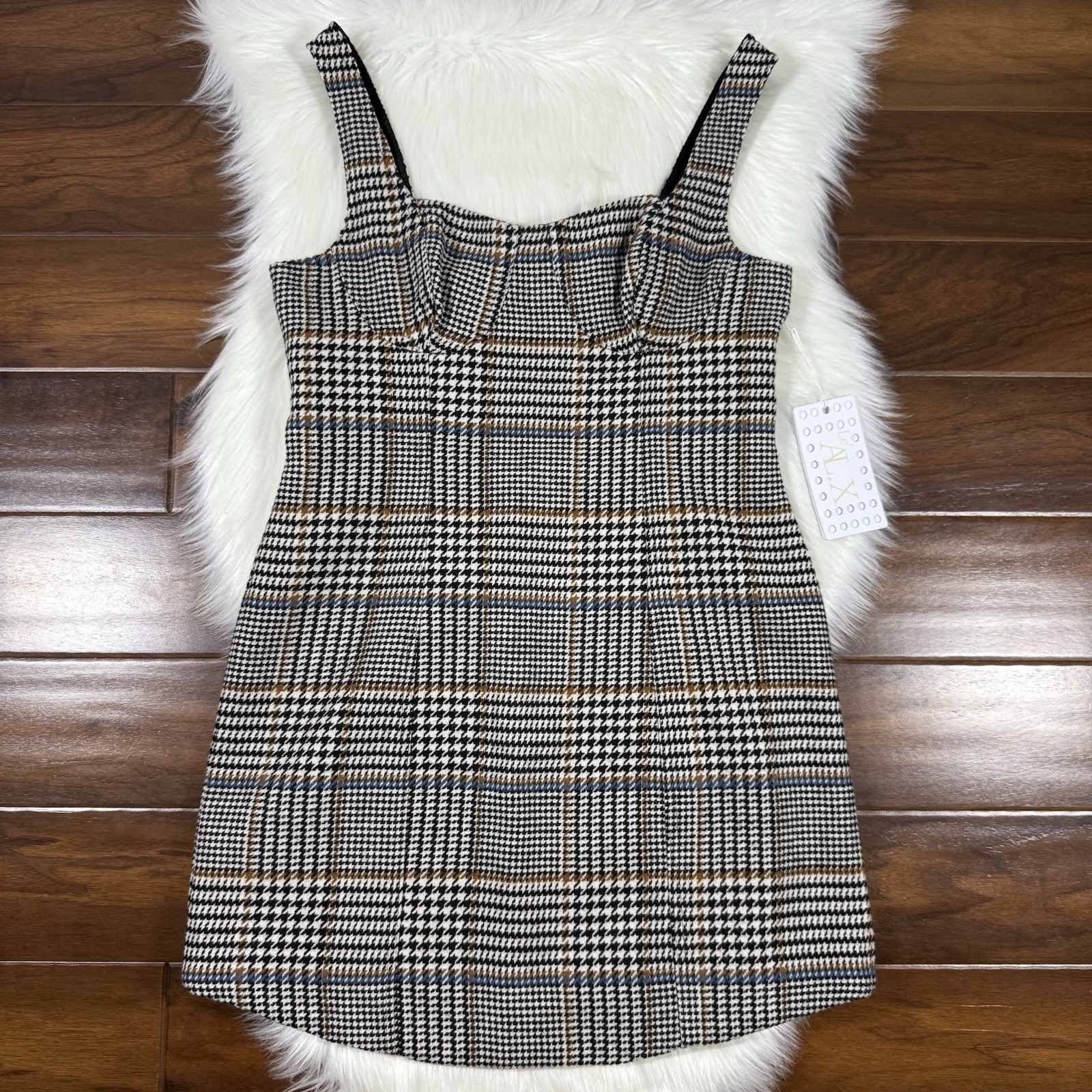 Le' Al.X Women's Size Large Glen Plaid Wool Blend Sweetheart Bustier Mini Dress